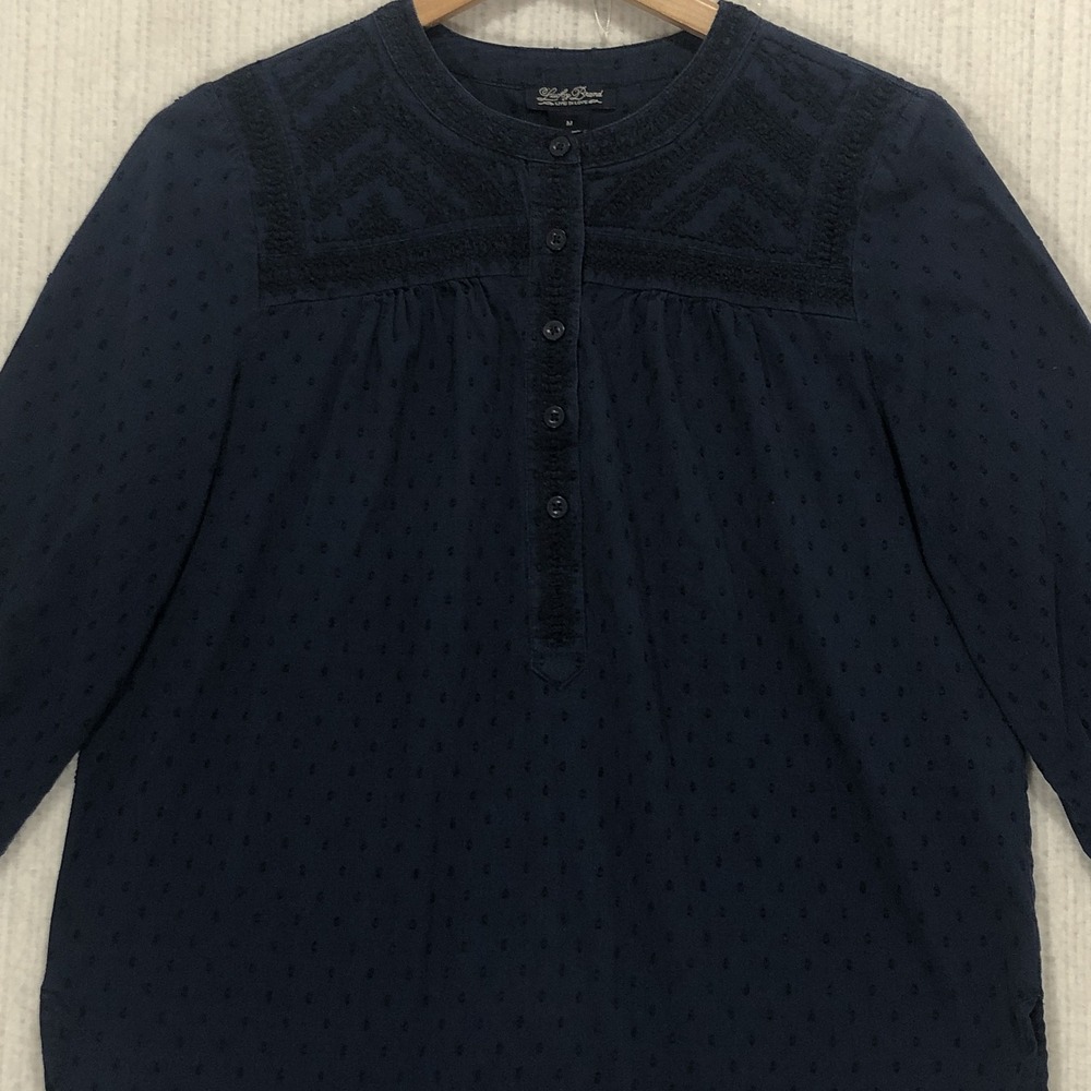 Lucky Brand Womens Navy Blue Embroidered Clip Dot Peasant Blouse Top Medium